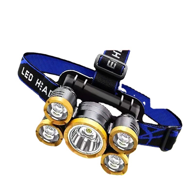 Venta al por mayor 5-cabeza T6 plástico fuerte luz faro LED recargable montañismo camping aviones faro al aire libre cabeza-montado lámpara de pesca