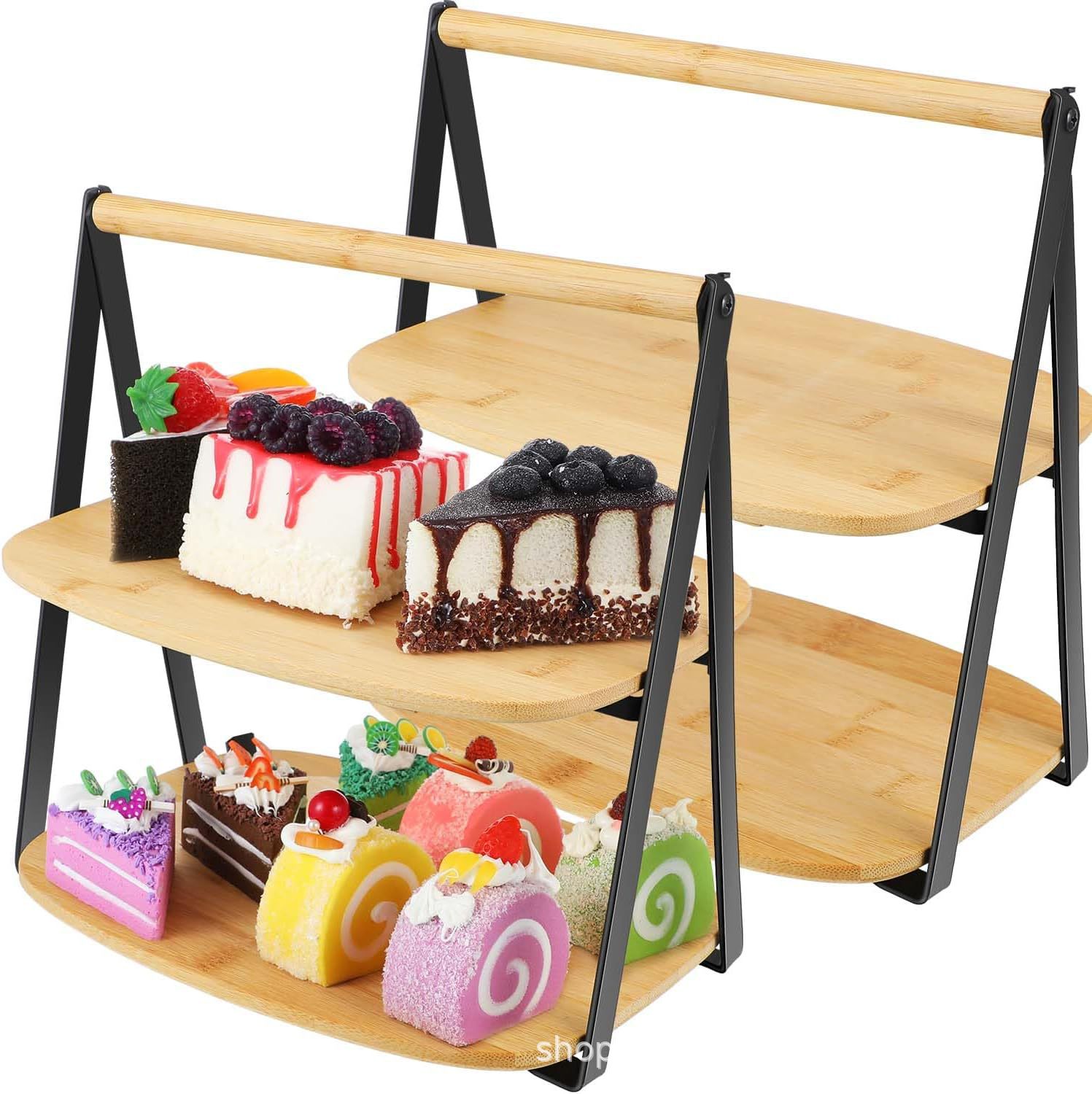 木质蛋糕架竹木制点心架两层桌面甜品台双层带提手面包架水果架