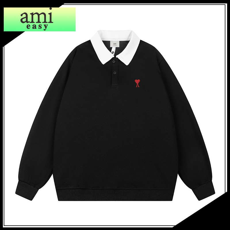 Ami&Easy2025 Trendy Brand Heart Embroider Color Matching Sweatshirt Men's Autum Simple Versatile Sports Sweatshirt Youth
