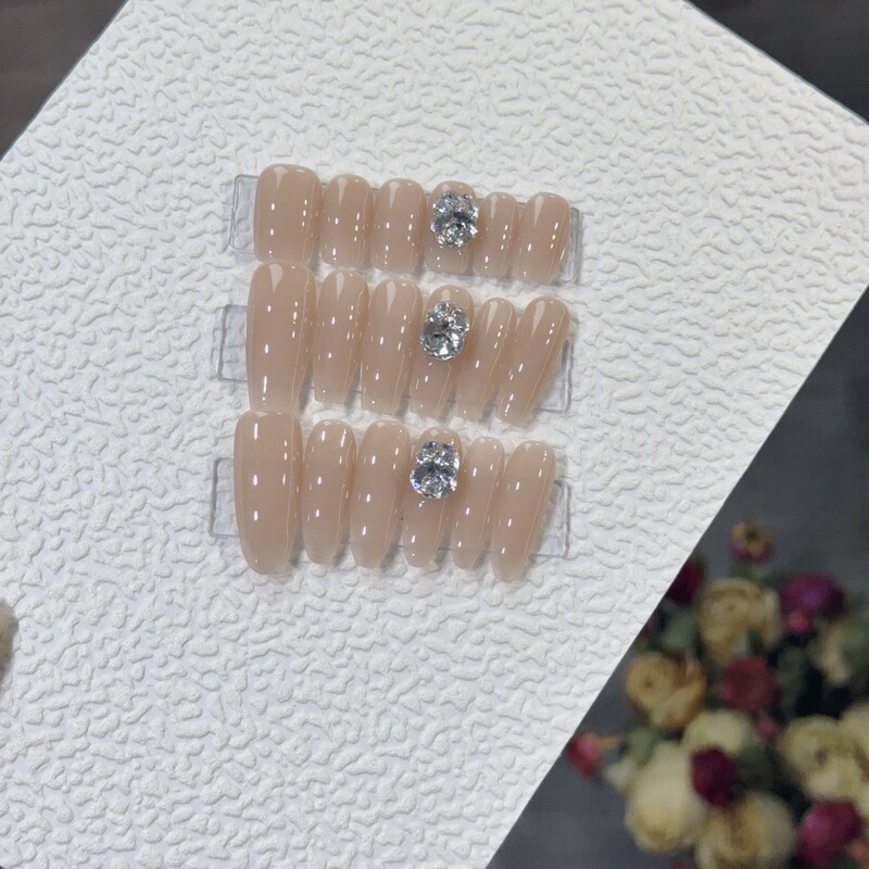 Handmade Nails Nude Color Dongzhou Explosive Diamond Ball Finished Manicure Patch Natural Whitening Mid-Length Wedding Nails