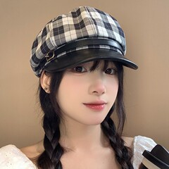 日本のレトロなチェック柄のカラーブロック八角形帽子、女性用、秋と夏、芸術的で多用途なベルトバックルベレー帽、英国風、小顔