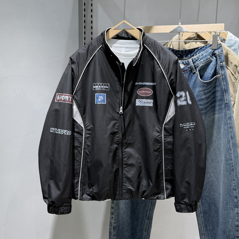 Autumn trendy brand badge color-block stand-up collar jacket, men's American retro casual, stylish, sporty, racing-style coach jacket Autumn trendy brand badge color-block stand-up collar jacket, men's American retro casual, stylish, sporty, racing-style coach jacket