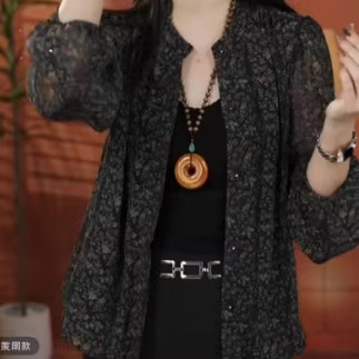 2025 Summer Shirt with Slimming Cardigan Design, Casual Loose Fit, Long-Sleeve Top That Hides the Body Shape, Fashionable Chiffon Shirt