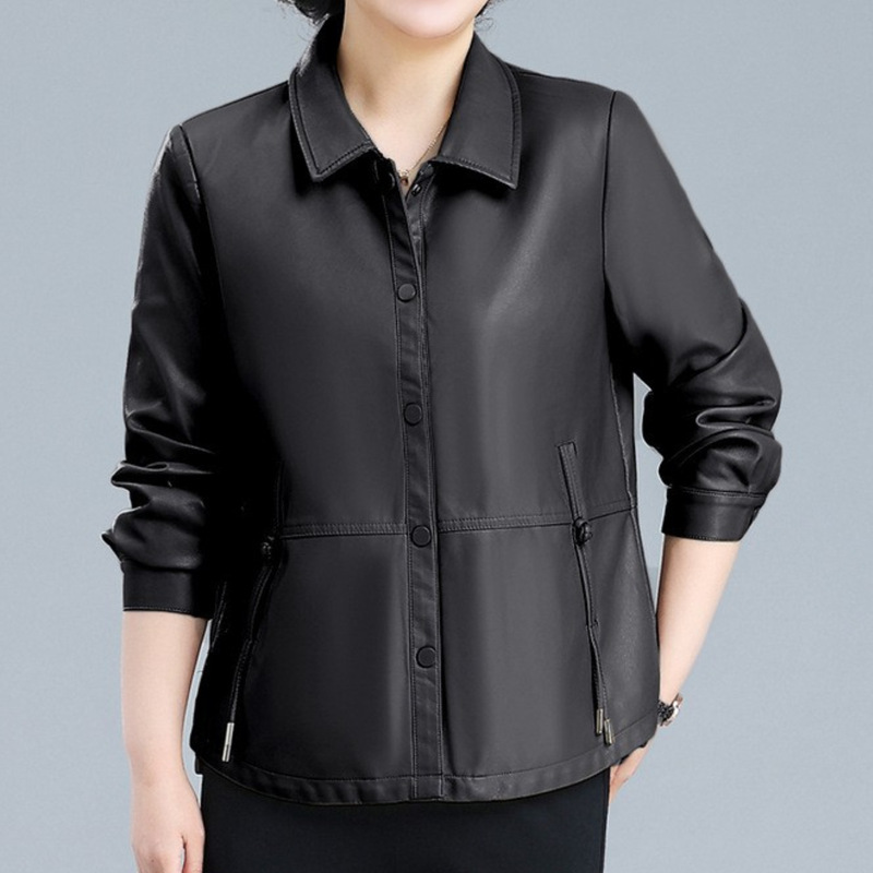 All-Net Low Price Spring and Autumn Thin Stylish Fashion Short Lapel PU Leather Women's Coat Jacket Button Clothes