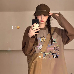秋冬の新型純綿の大きいサイズの長袖のtシャツの女性の太っているMMのゆったりしている肉の底のシャツの丸首の色の上着のinsの潮を遮ります