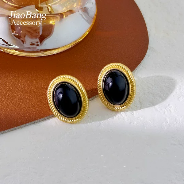 French Retro Black Oval Pearl Earrings Light Luxury Fashion Earrings Women's Elegant High-End Earrings Wholesale
