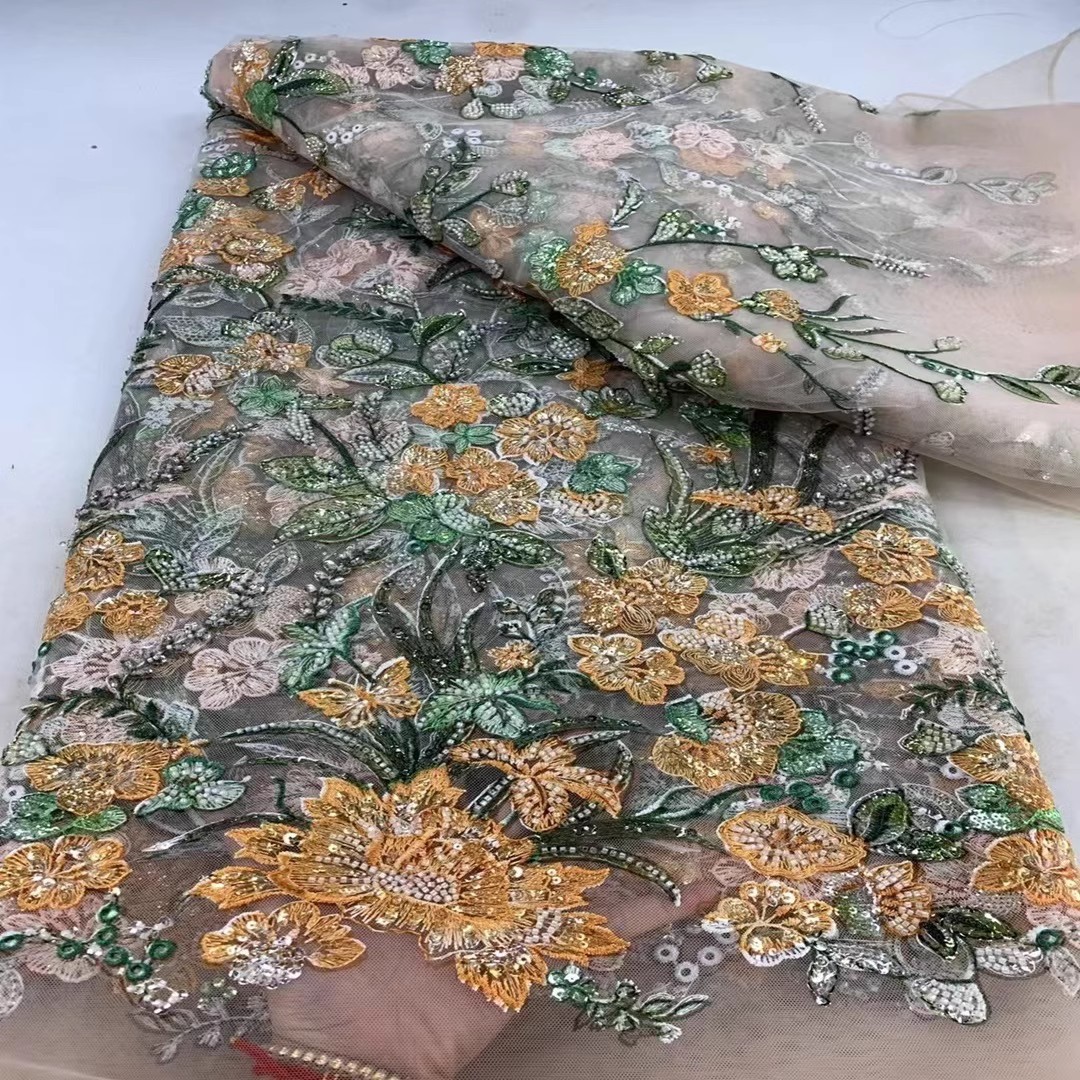 Perlas de encaje de estilo nacional flores bordadas de malla cheongsam vestido desfile de moda tela cuentas de encaje