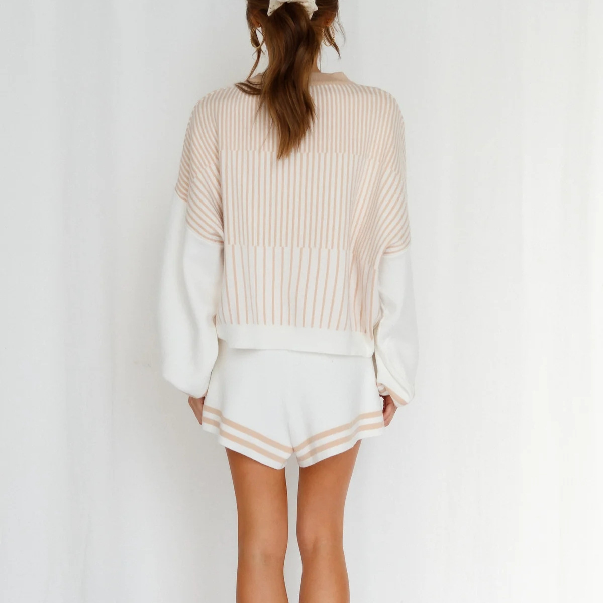 Women's Clothing temperament casual striped sweater knitted shorts suit_voghion.com