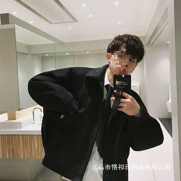 加绒卫衣开衫男生冬天外衣中学生原宿风毛呢短款厚ins冬季上批发