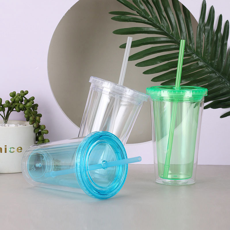 Amazon 500-600ml Double-Layer Plastic Cup Insulated Thermos Cup Straw Cup Water Cup with Lid Custom Logo