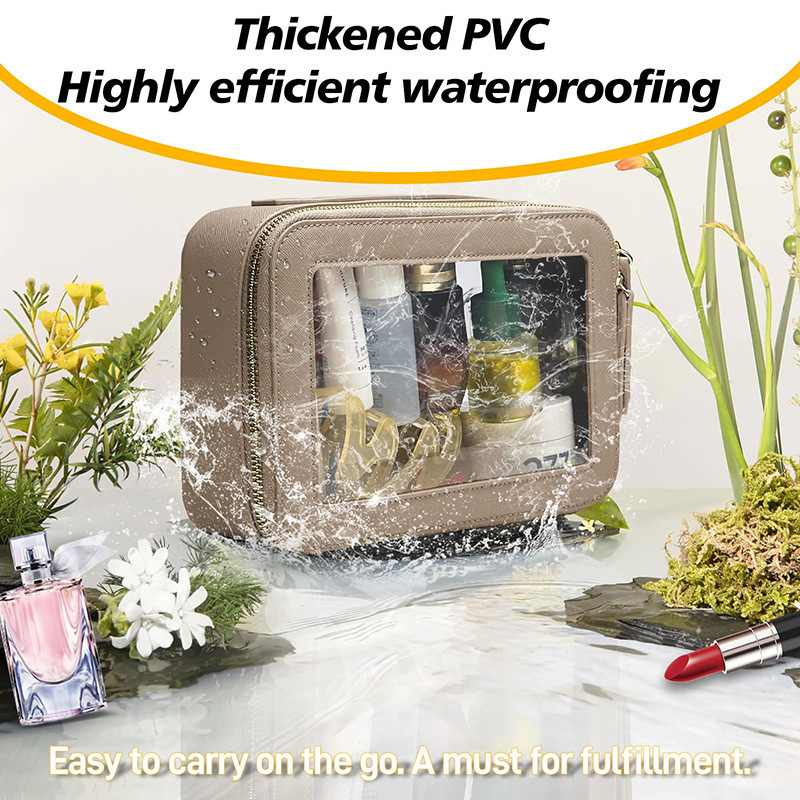国境を越えた乾湿分離ポータブルレザートイレタリーバッグポータブル大容量二層透明PVCジッパー化粧品バッグ|undefined