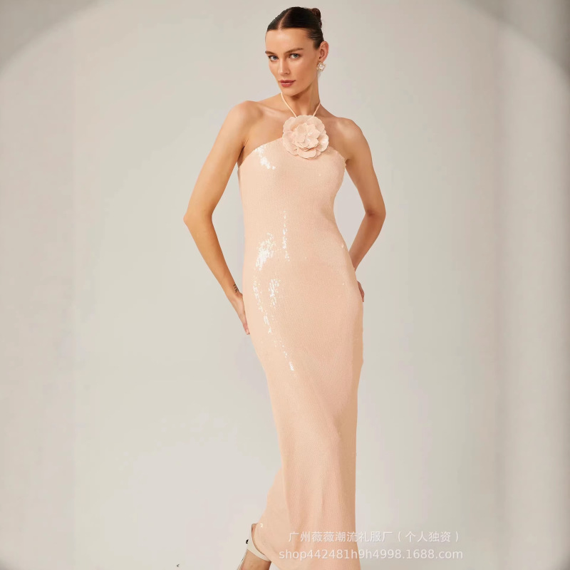 European and American New Style Halter Neck Three-Dimensional Floral Backless Luxurious Sequin Long Dress Wedding Toast Runway Dress Evening Gown European and American New Style Halter Neck Three-Dimensional Floral Backless Luxurious Sequin Long Dress Wedding Toast Runway Dress Evening Gown