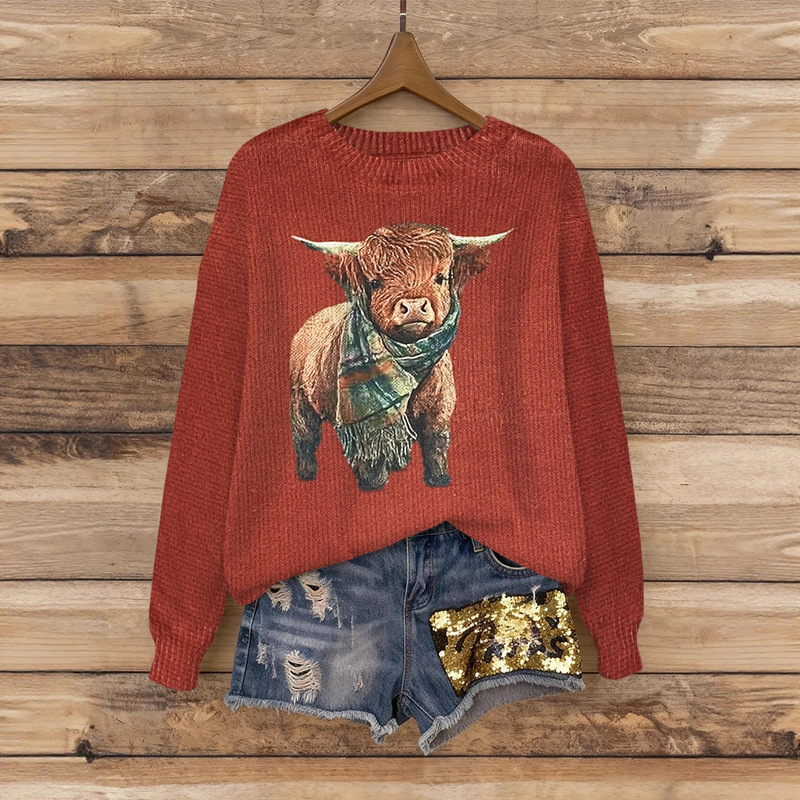 Autumn and Winter Retro Style Red Round Neck Sweater Scottish Highland Cow Print Sweater 2025 New Cross-Border Wholesale