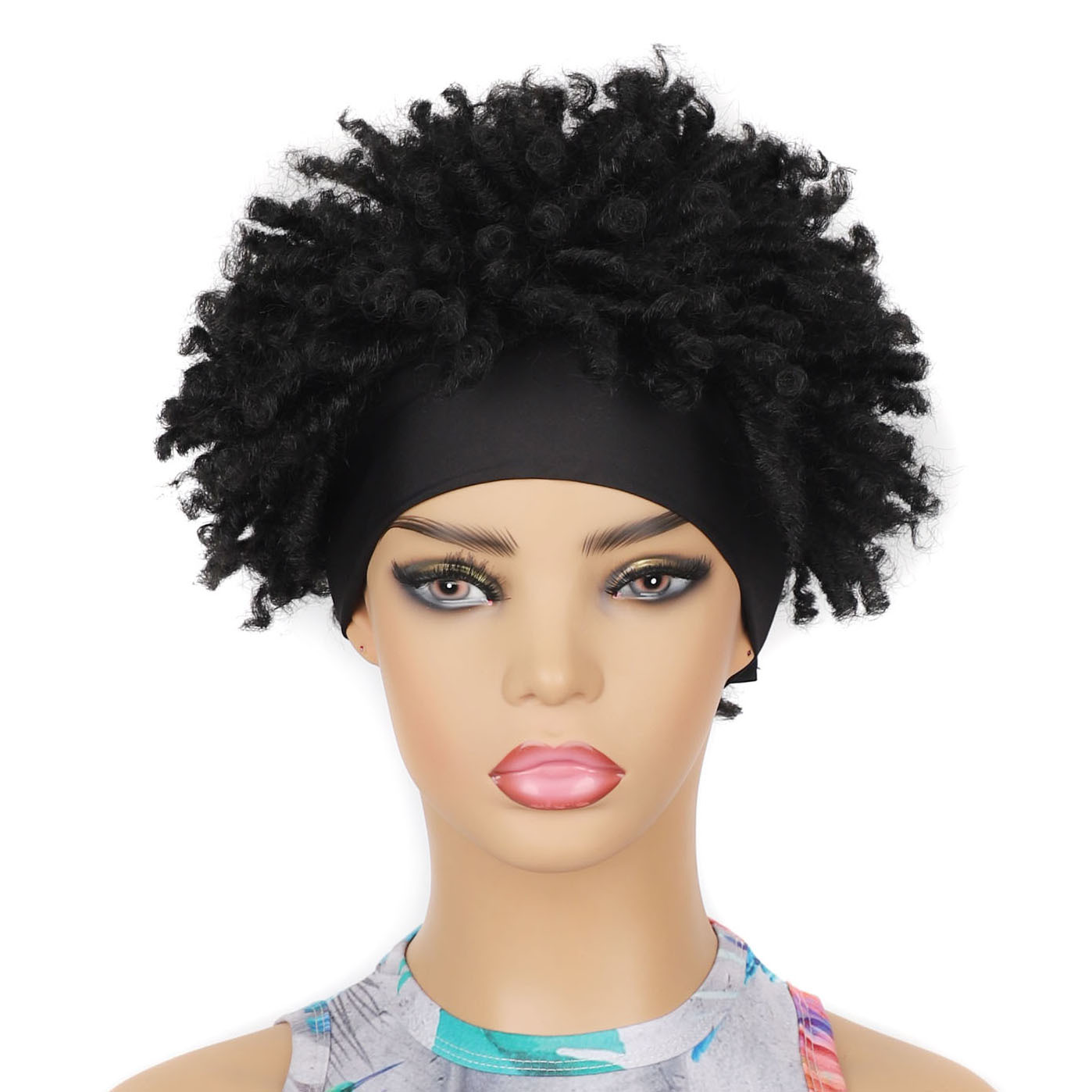 Perucă sintetică neagră scurtă, cu panglică de gheață explozivă, pufoasă, creță, cu bandă de susținere_voghion.com