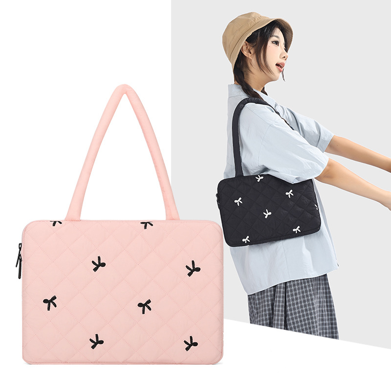 2025 New Fashionable Color-Contrast Quilted Embroidered Bow Large-Capacity Commuting Clutch Bag Tablet Storage Bag