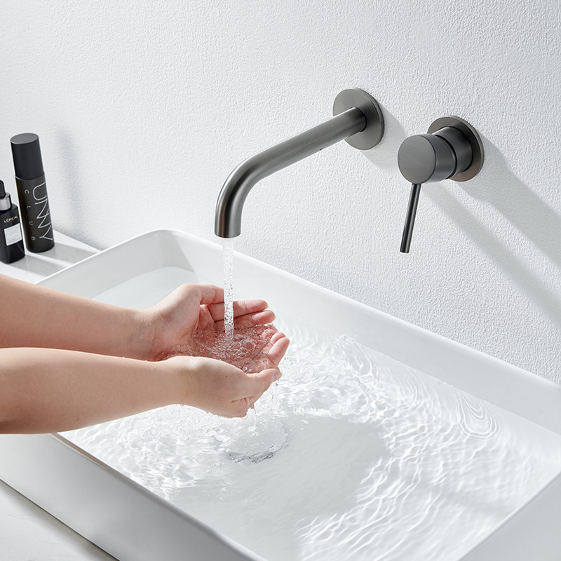 Cross-border foreign trade gunmetal gray concealed basin faucet, all-copper hot and cold in-wall washbasin faucet for hotels and guesthouses