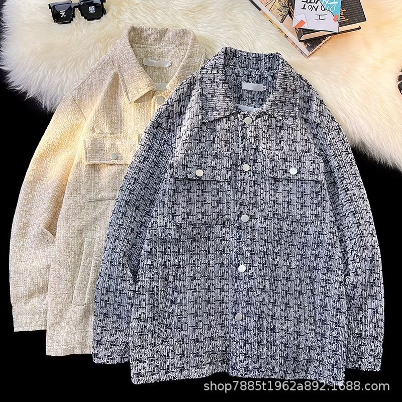 Chanel style plaid coat men's shirt Spring and Autumn new high-grade fashion brand loose casual lapel jacket foreign trade