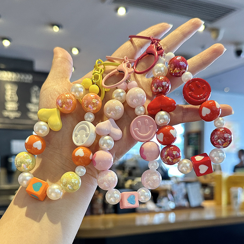 New Smiley Face Bead Chain Keychain DIY Heart Cute Girl School Bag Pendant Car Key Chain Ccd Mobile Phone Chain