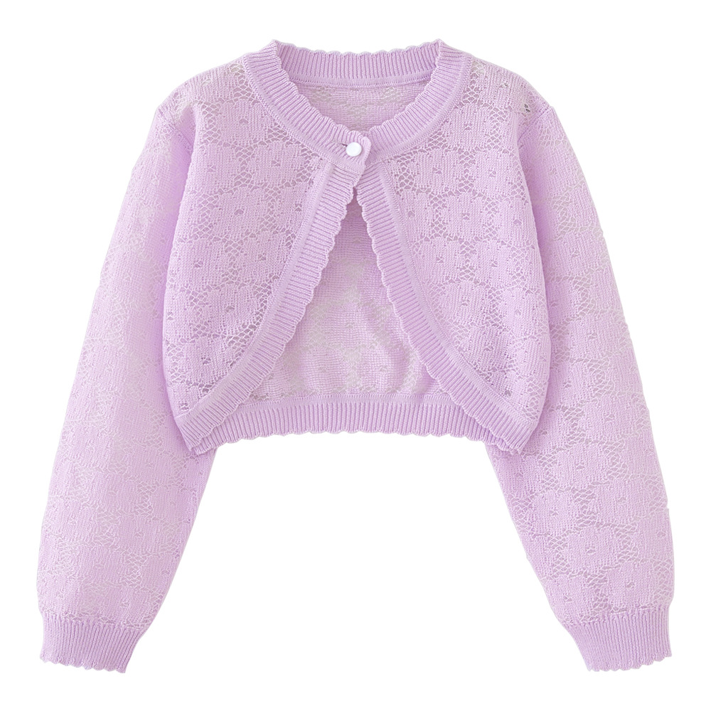 Mother & Kids Flower Hollow One Button Girls Knitted Cardigan Coat Girls' Floral Lace Single Button Knit Cardigan Sun Protection Thin Sweater Shawl_voghion.com