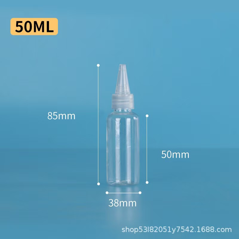 Botellas de boca puntiaguda exprimidas transparentes al por mayor al contado de 30 ML 50 ml en botellas de plástico PET en botellas vacías de pigmento de pegamento
