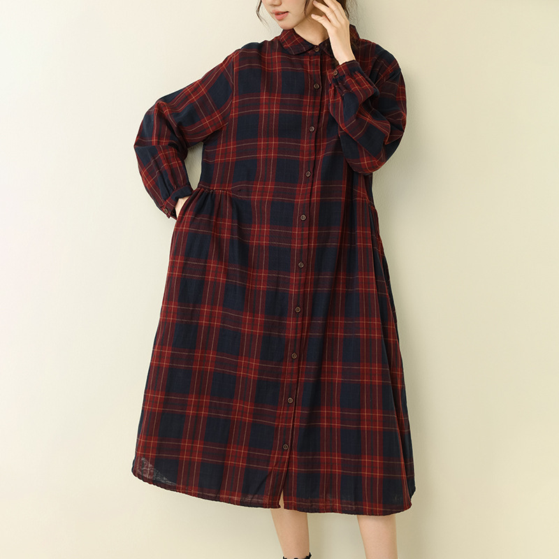 Autumn Style Artistic Color-Blocked Plaid Double-Layer Cotton Gauze Long-Sleeved Shirt Dress Loose Large Size Slim Casual Long Dress