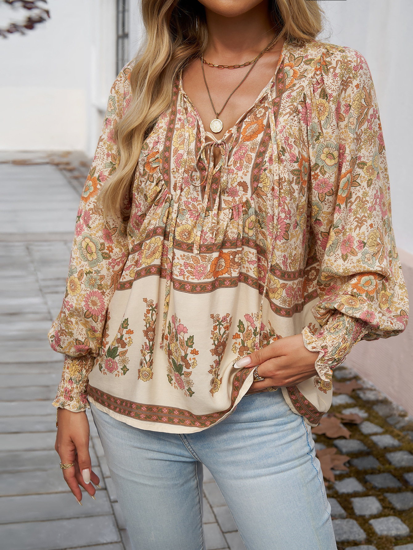 84g Weight Long Sleeve Sleeve Length Tie Placket Type Regular Sleeve Sleeve Type Viscose fiber Fabric Type Regular Top Length Blouse Tops Type Holiday, Banquet, Selfie Occasion V Neck Neckline Loose Fit Type Printing Pattern Summer, Spring, Autumn Season Women's Gender Vintage Style, Bohemian Style Wholesale Women's Vintage Style Bohemian Printing Long Sleeve Blouses 21