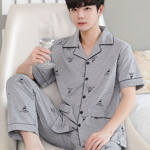 100% Pure Cotton Men's Spring and Autumn Thin Summer Pajamas Full Cotton Short Sleeve Spring and Summer Homecoming Clothes for Outdoors