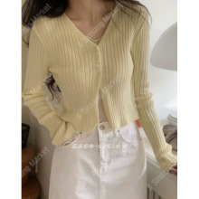 韩国东大门代购温柔奶油半开纽扣门襟坑条开衫减龄高腰针织衫早秋