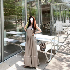 フレンチレトロサスペンダーレッドドレスノースリーブスリムフィットロングスカート夏