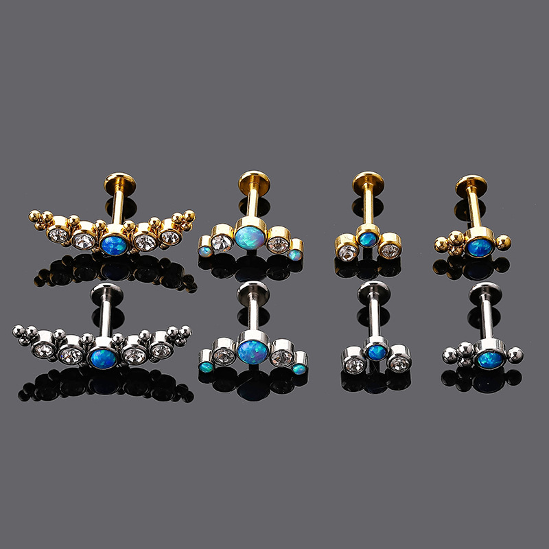 Unisex Gender Retro Style Inlay Craft Retro Round Stainless Steel Inlay Opal Zircon Lip Stud