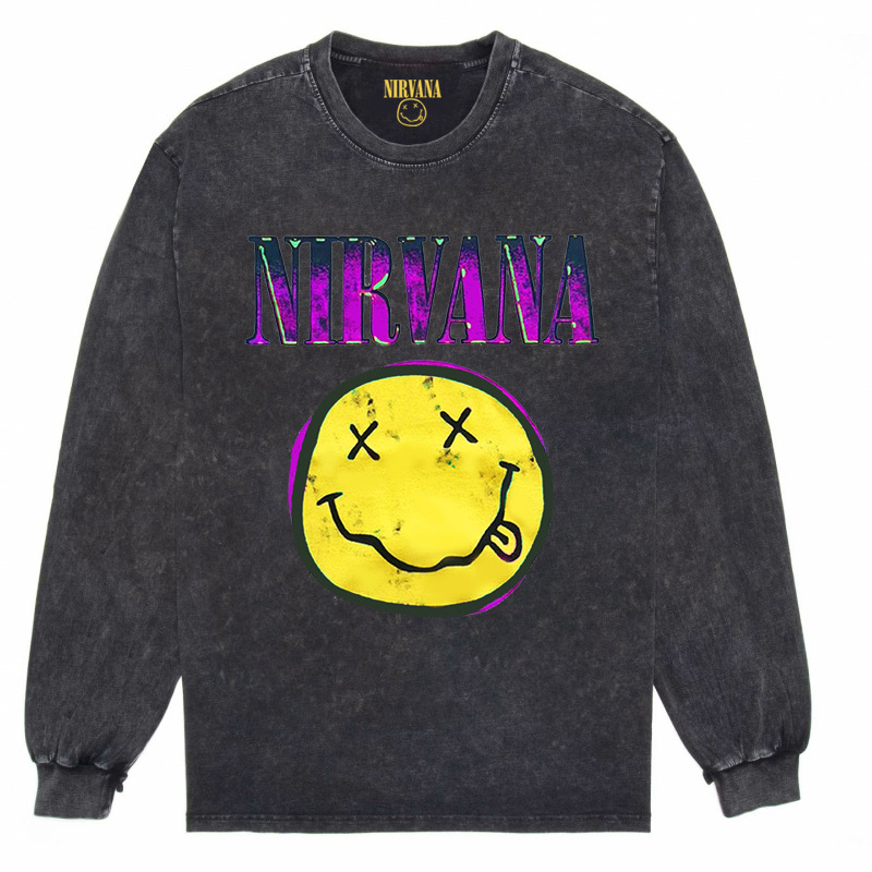 Nirvana Vintage American retro apenado rock punk angustiado lavado batik Camiseta de manga larga
