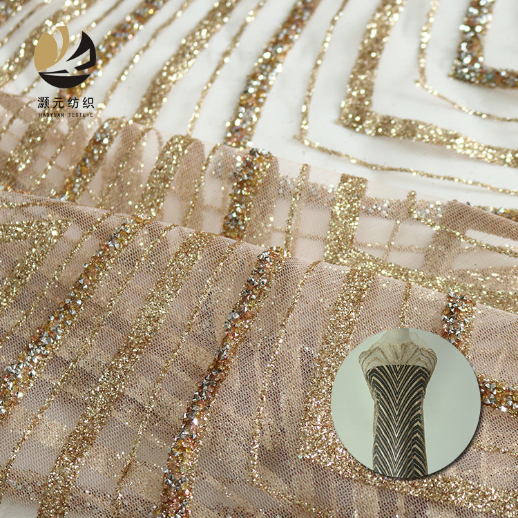 2026 nuevo gaza de malla primavera y verano in stock gaza de malla encaje rociado oro diamantes vestido de boda tela al por mayor