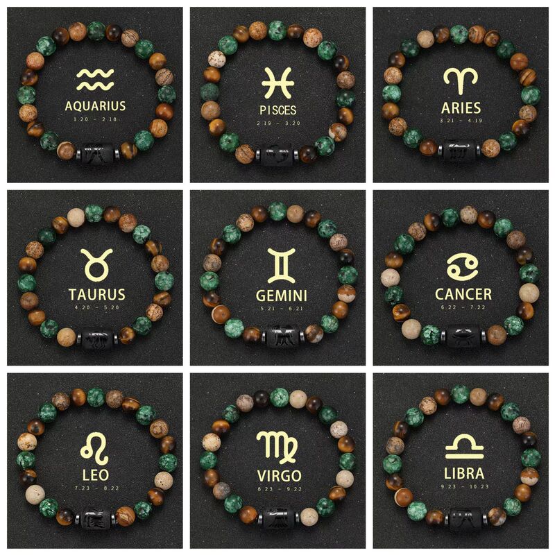Cross-Border Aliexpress Wish Hot Selling Twelve Constellations Black Agate Bracelet 12 Constellations Natural Stone Beaded Couple Bracelet