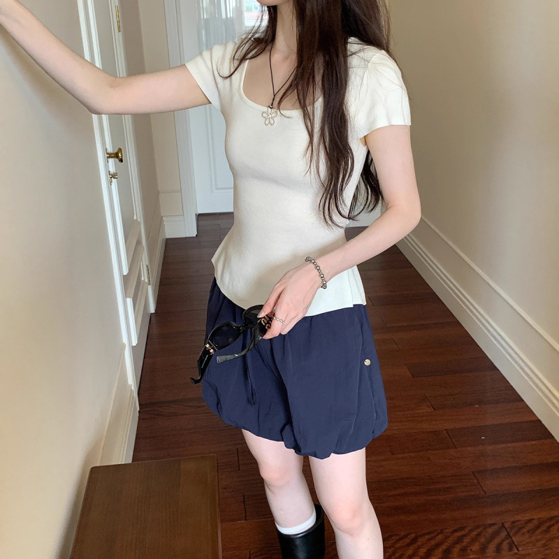 后绑带收腰修身短袖针织衫女夏季2025新款韩版百搭露腰t恤上衣|undefined