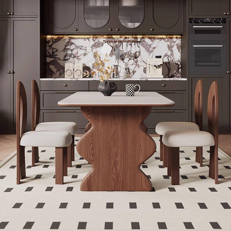 Mesas y sillas de comedor de madera maciza de estilo antiguo 2024 Nueva sala de estar Serie de crema francesa americana Tablero de roca retro nórdico Fresno blanco