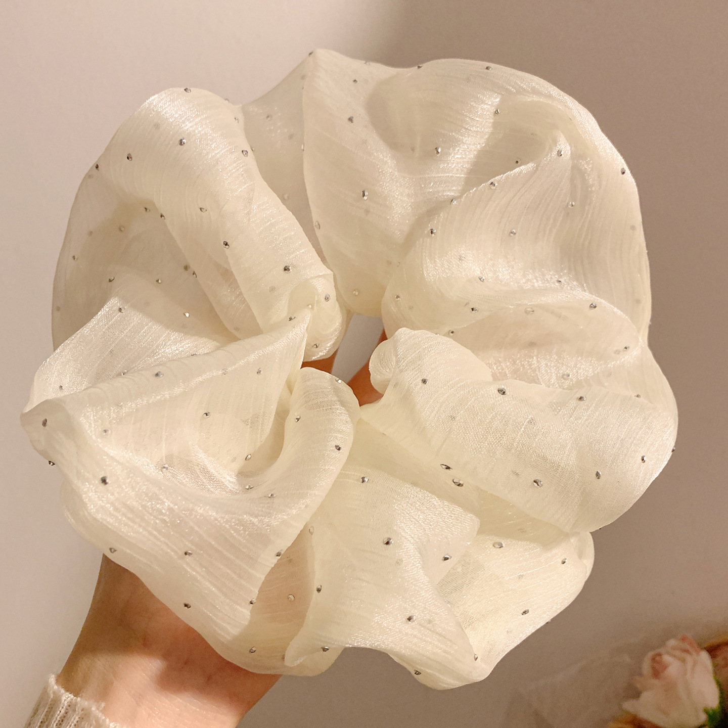 Gypsophila~ Zachte beige mesh scrunchie voor dames, Franse stijl, hoogwaardig veelzijdig accessoire, extra grote haarelastiek voor_voghion.com