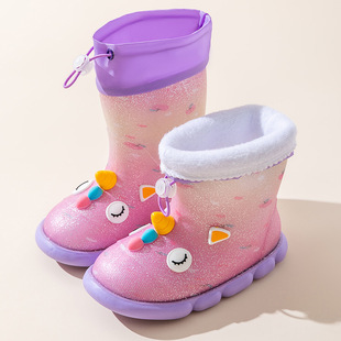 New Unicorn Thickened Children's Rain Boots Plus Cotton Toddler Cartoon Non-Slip Warm Outdoor Water Shoes Baby Children's Rain Boots
