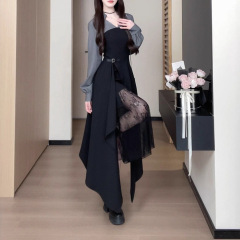 2025年 早秋流行长袖衬衫裙蕾丝拼接不规则长裙假两件连衣裙女