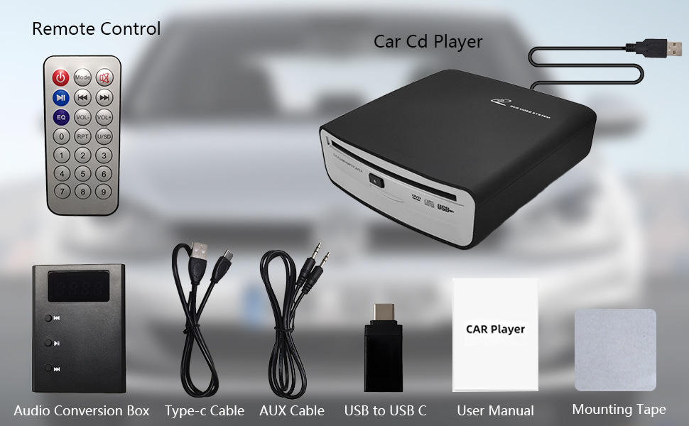 Universal car CD player with lossless USB connection, in-dash CD player with FM transmitter and AUX output box