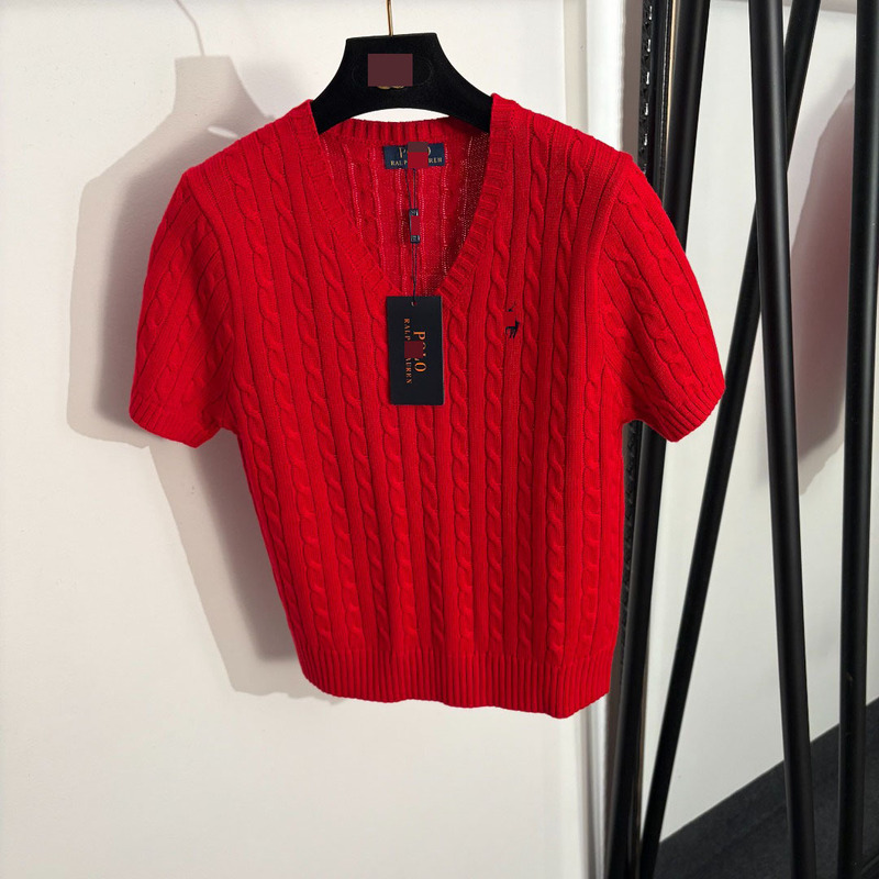 Nanyou Classy Sweet Style Date Outfit, Cute and Sweet Girl Style Polo Embroidered V-Neck Short-Sleeve Cable Knit Sweater