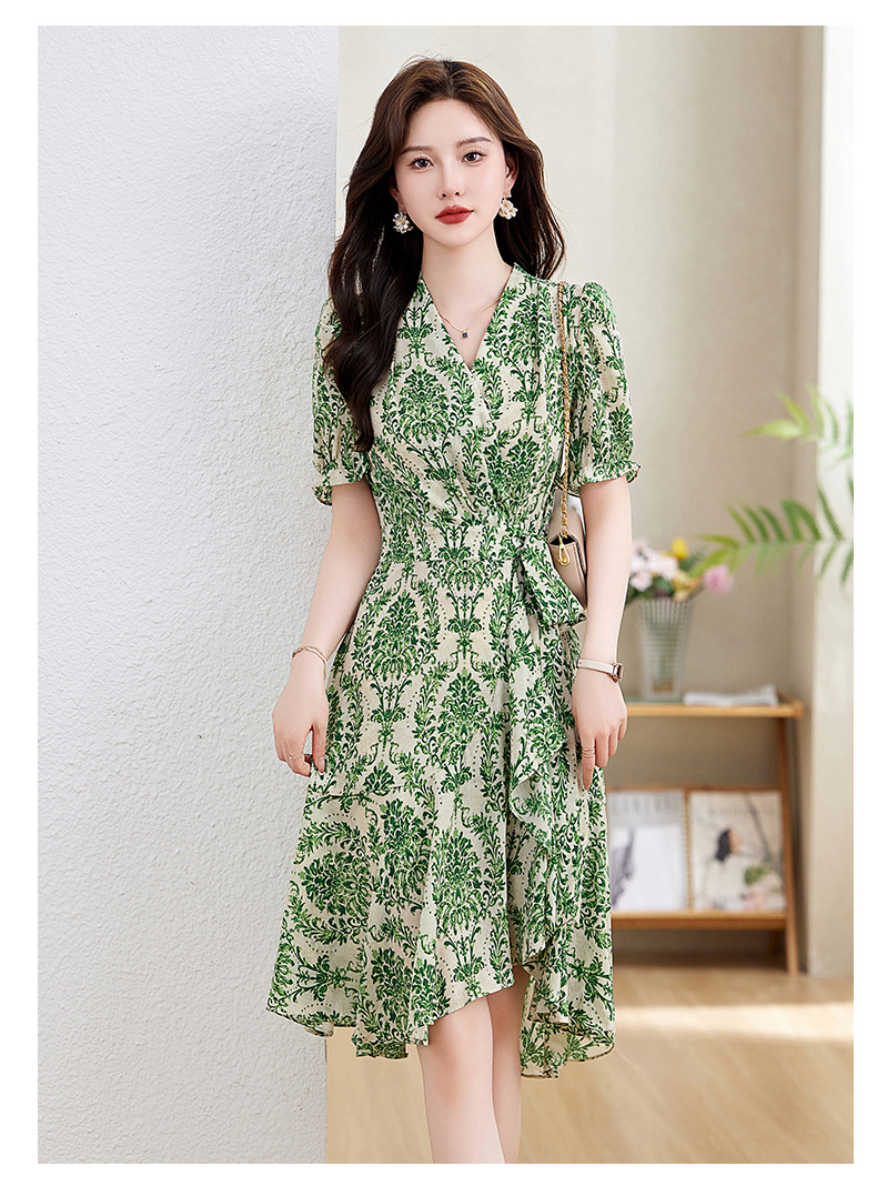 Váy maxi nữ cổ chữ V thắt eo họa tiết hoa nhí mùa hè — Màu xanh lá, Màu đỏ chi tiết 17