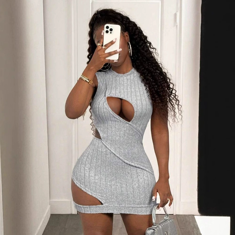 Европейская и американская новая трансграничная внешняя торговля, модное однотонное тонкое сексуальное эластичное платье с полым дизайном, облегающее короткое платье-юбка для женщин