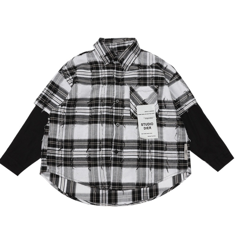 Primavera nuevos niños falso de dos piezas camisa a cuadros estilo coreano casual suelta ropa exterior de los niños prendas de vestir exteriores de moda superior