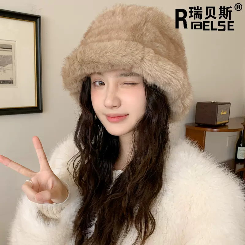 秋冬大头围毛绒渔夫帽女日系复古百搭水桶帽加绒加厚显脸小盆帽潮