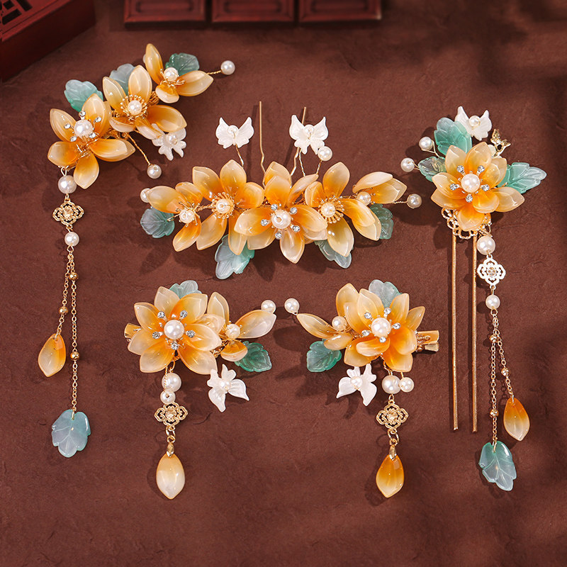 原创汉服头饰全套古风黄色琉璃对夹流苏盘发发簪古典古装配饰通用