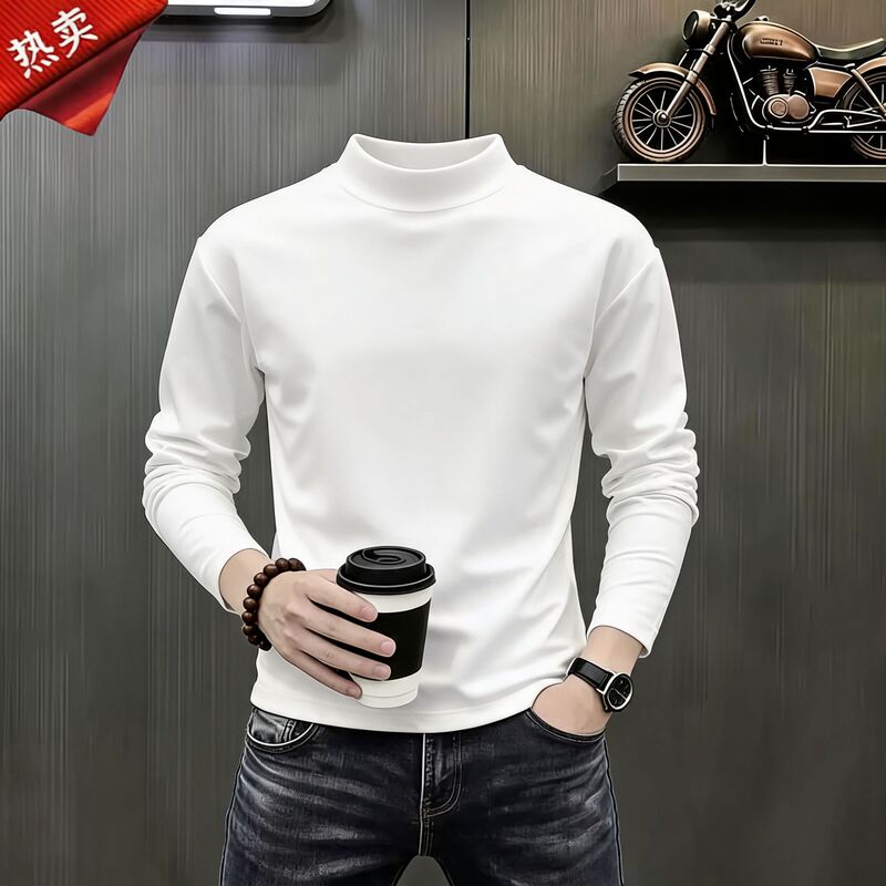 Men's half-turtleneck fleece-lined thermal long-sleeve T-shirt, solid color, versatile, slim fit, skin-friendly base layer for autumn and winter Men's half-turtleneck fleece-lined thermal long-sleeve T-shirt, solid color, versatile, slim fit, skin-friendly base layer for autumn and winter