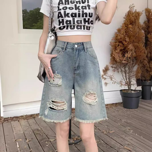 Ladys Retro Ripped Denim Medium Length Pants Summer High-Waisted Loose Slimming Petite Straight Wide Leg Five-Eighth Medium Pants