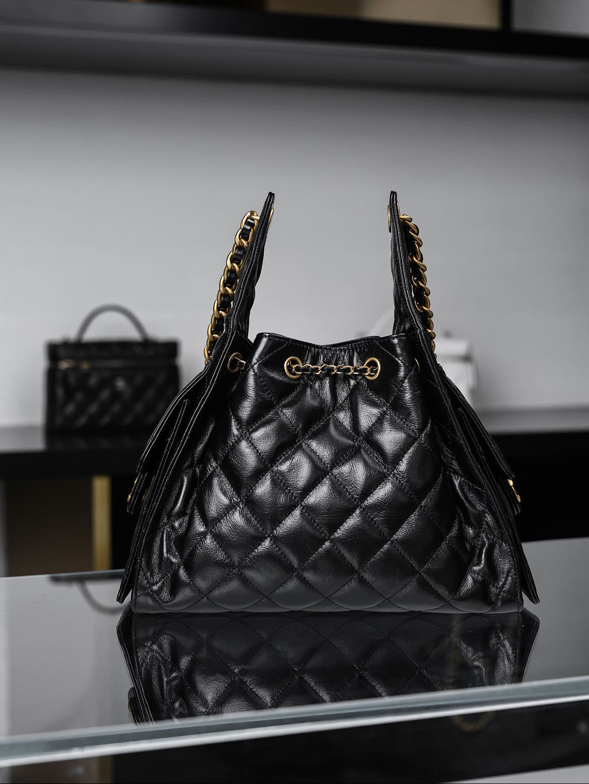 Chanel 22 Drawstring Bucket Bag Quilted Calfskin Black