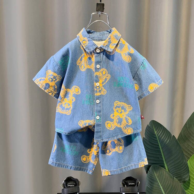 Boys Summer Denim Short-Sleeved Shirt Suit 2025 New Children's Two-Piece Set Children's Clothing Trendy and Handsome Clothes for Boys