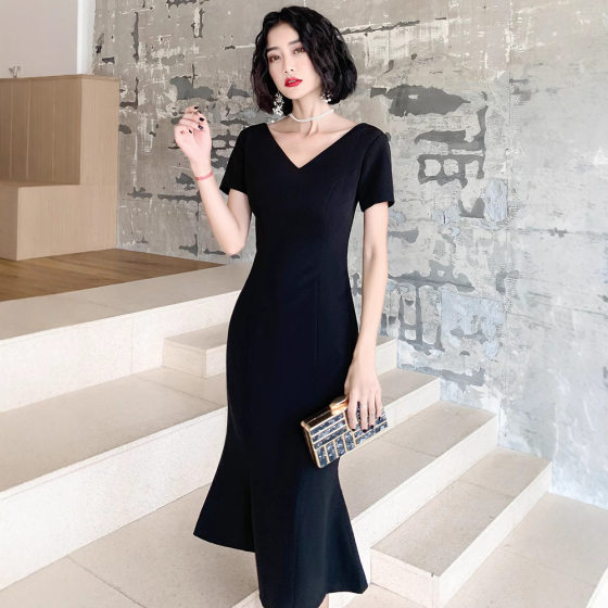 Fishtail Dress dress 2025 New Spring and Summer Elegant Mid-length Small Men Usually Wear Evening Dress Black